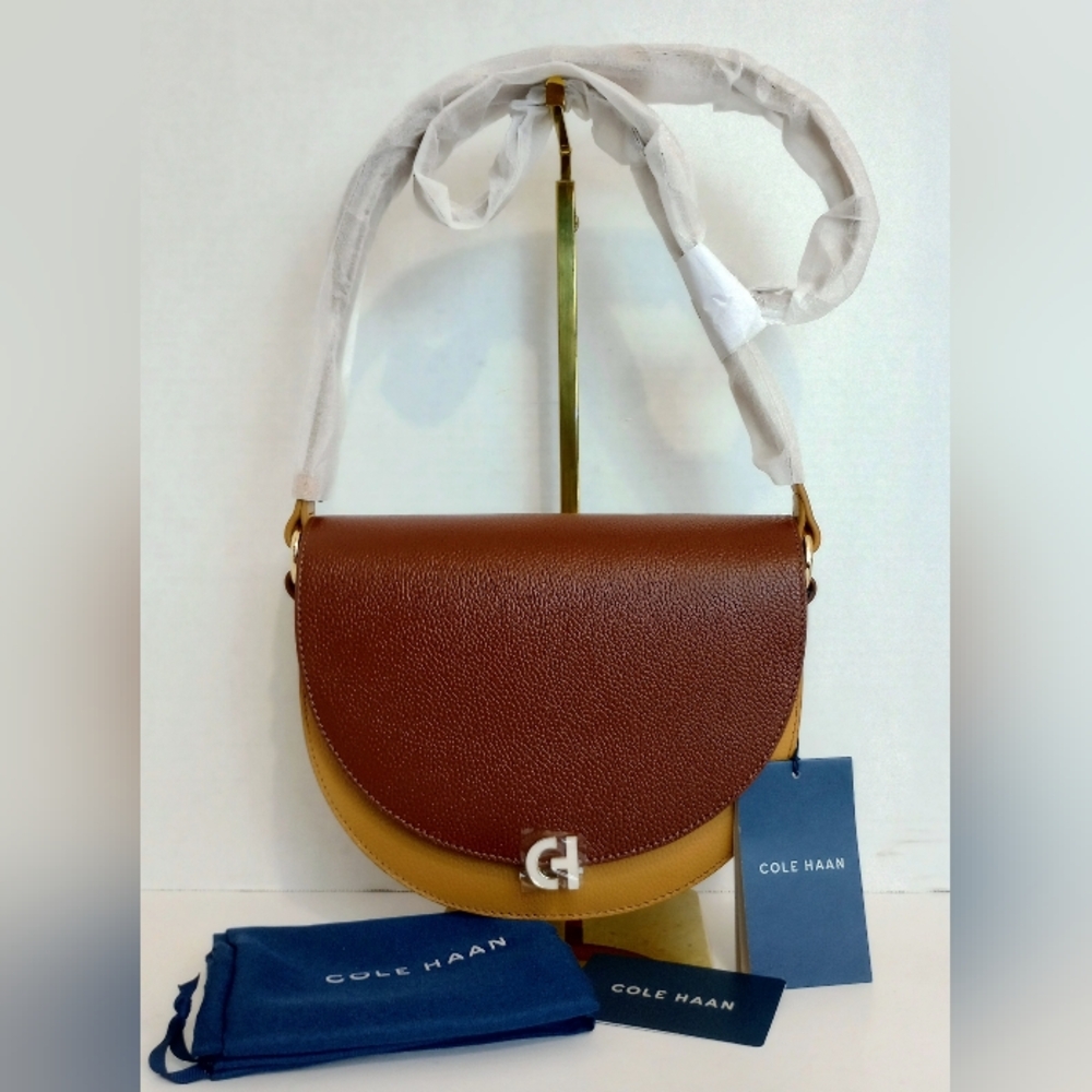 NWT Cole Haan Pebbled Leather Tri-Color Flap Crossbody Evie Saddle Bag